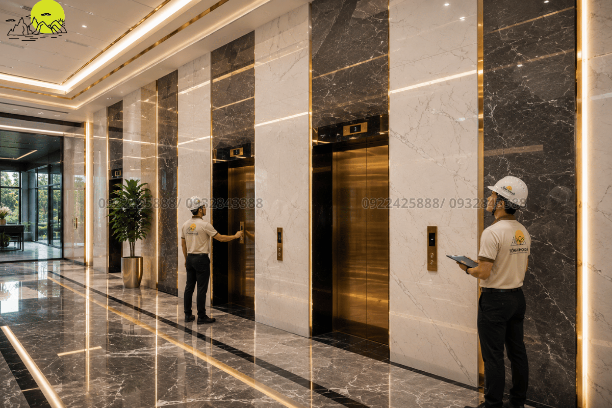 Hình ảnh ứng dụng đá thạch anh nhân tạo ốp cabin thang máy
