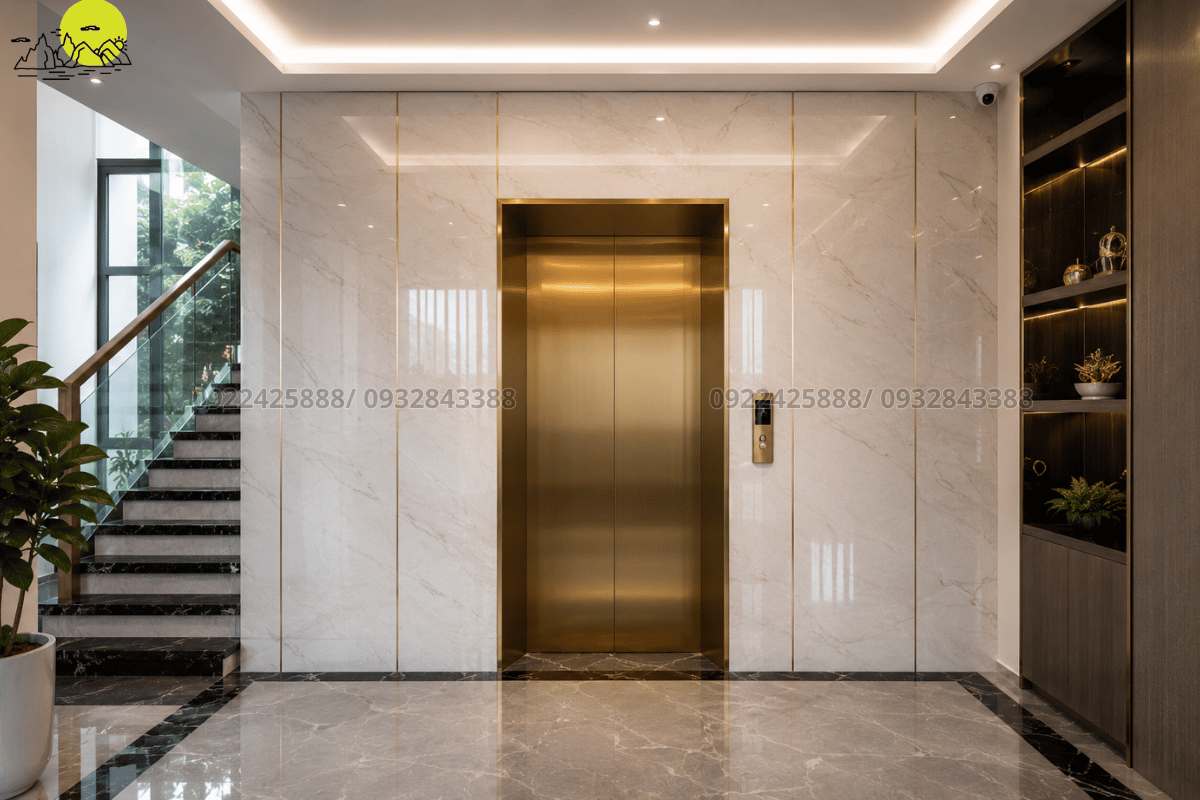Ứng dụng đá nhân tạo gốc thạch anh ốp mặt tiền thang máy