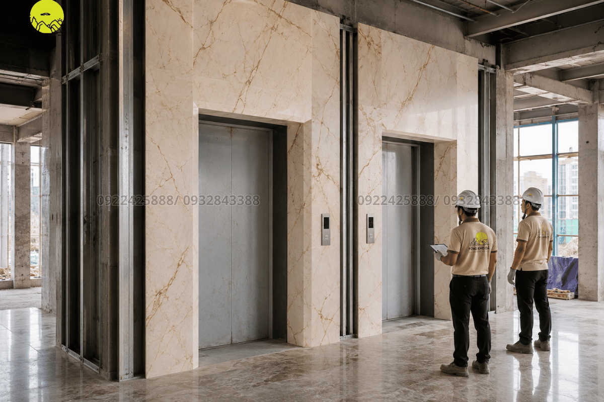 Hình ảnh thi công hoàn thiện phần thô vách đá ốp thang máy