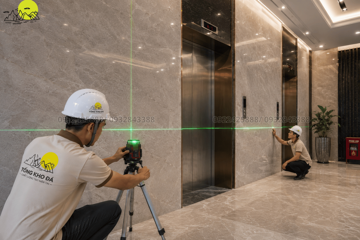 Kiểm tra độ phẳng bề mặt đá ốp bằng thước laser chuyên dụng