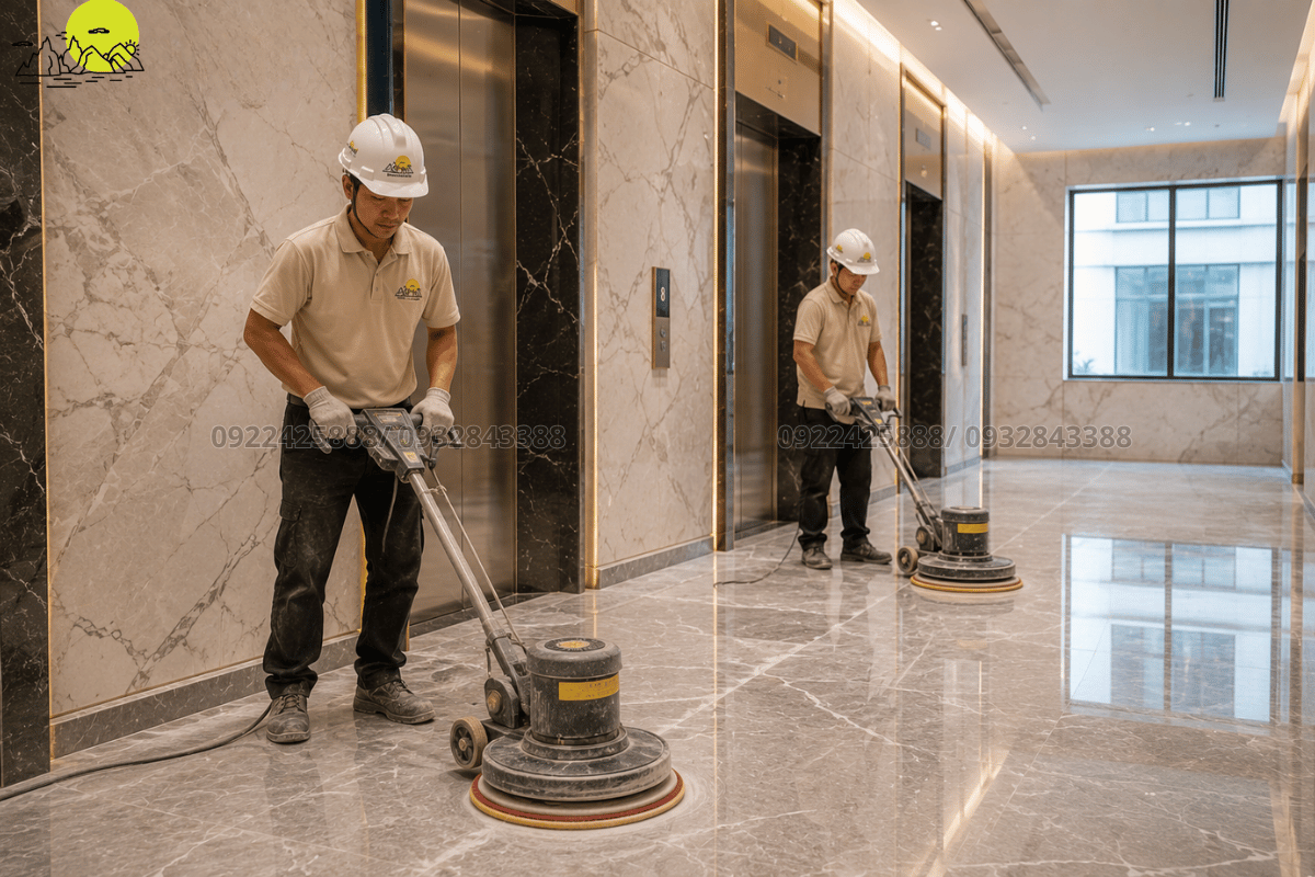 Thợ đá tiến hành chà ron đánh bóng bề mặt đá marble
