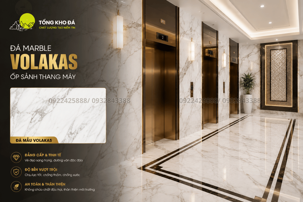 Hình ảnh ứng dụng đá marble trắng volakas ốp thang máy