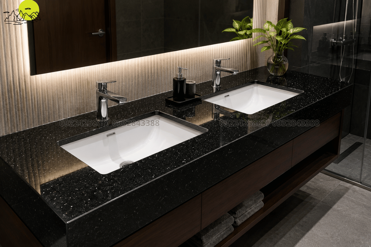 Mẫu đá granite đen kim sa tự nhiên ứng dụng làm bàn chậu rửa mặt