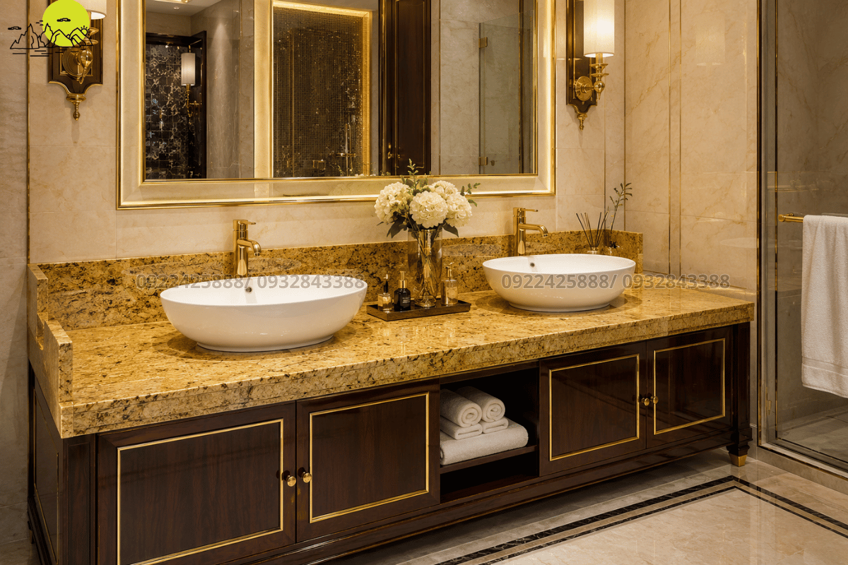 Hình ảnh ứng dụng đá granite vàng hoàng gia làm bàn lavabo sang trọng