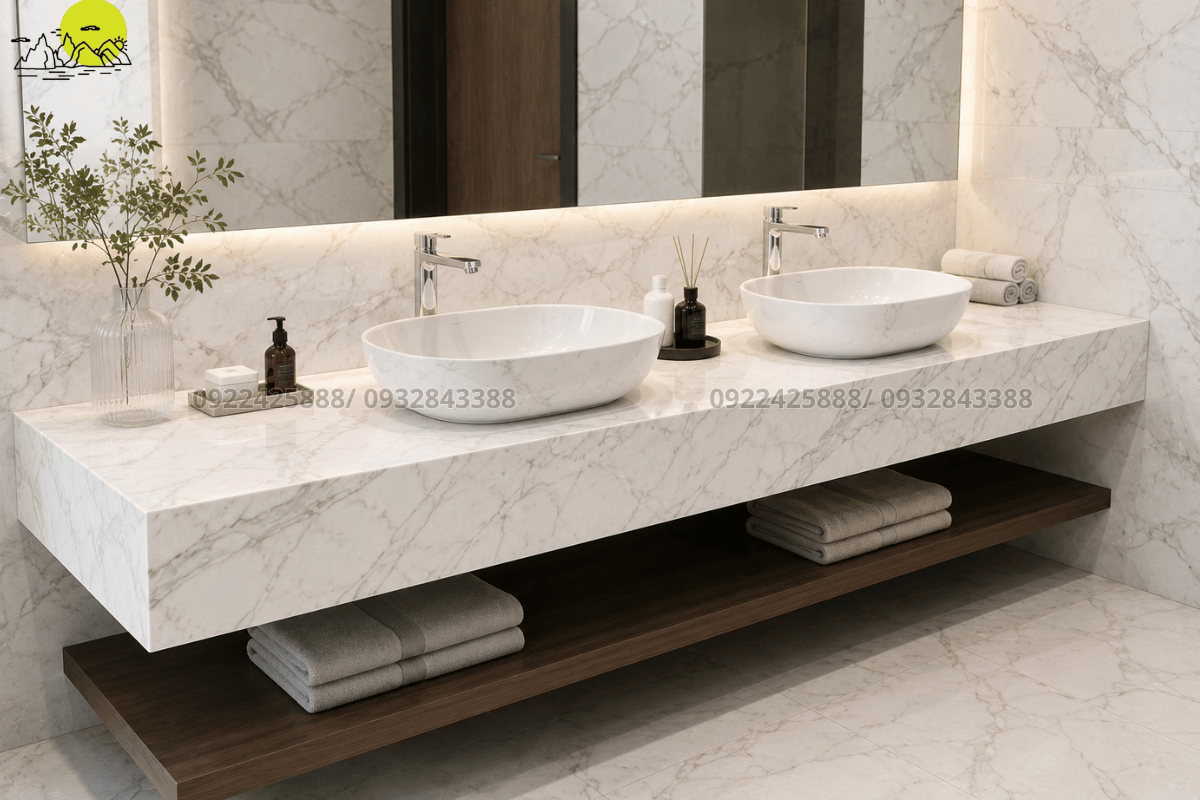 Mẫu bàn chậu rửa mặt bằng đá marble trắng volakas Hy Lạp cao cấp