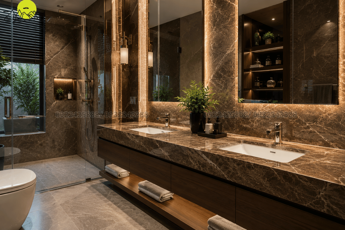 Không gian phòng tắm sang trọng với mặt bàn lavabo đá marble nâu Tây Ban Nha