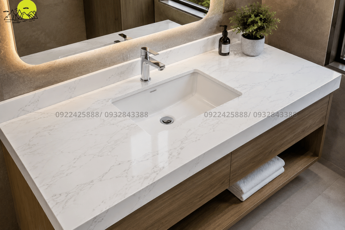Mặt bàn chậu rửa mặt đá nhân tạo gốc thạch anh trắng vân mây tinh khôi