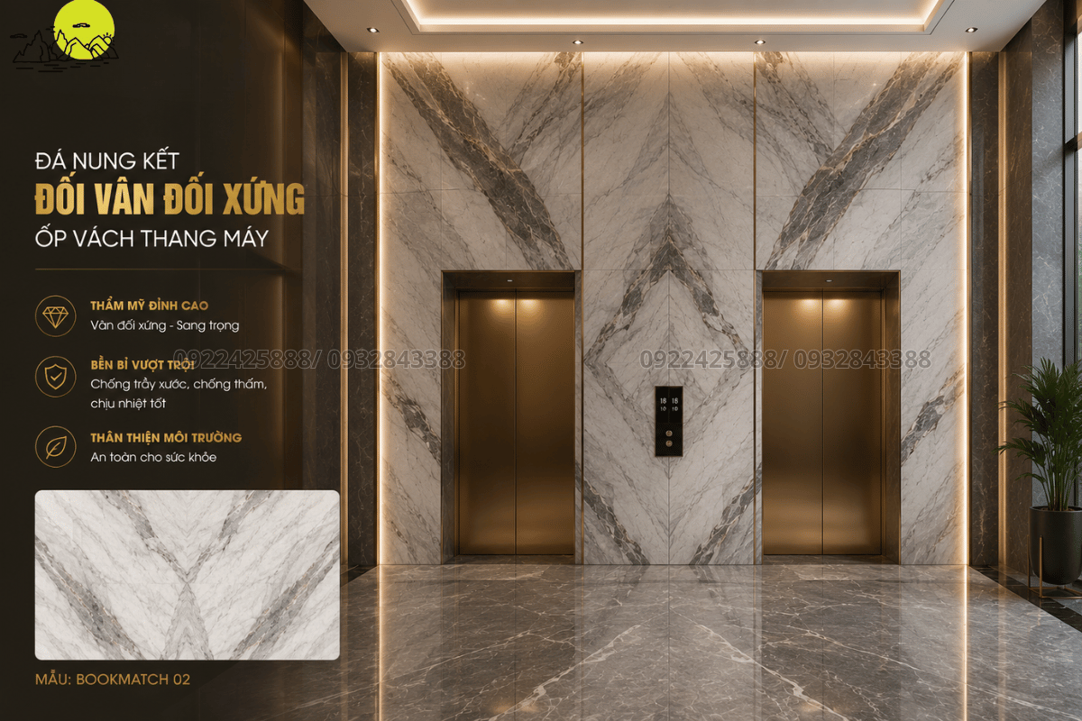 Mẫu đá nung kết đối vân đối xứng ốp vách thang máy