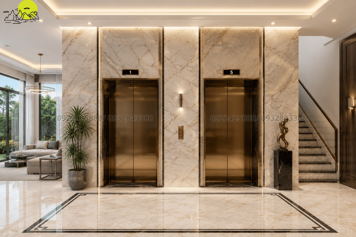 Phối cảnh 3d mặt tiền thang máy biệt thự ốp đá marble
