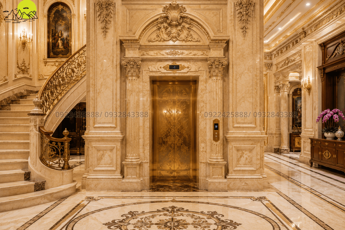 Thiết kế thang máy lâu đài cổ điển ốp đá marble vàng hoàng gia