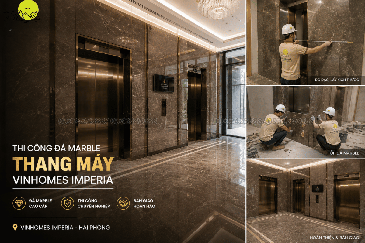 Hình ảnh thi công ốp đá marble vách thang máy tại vinhomes imperia