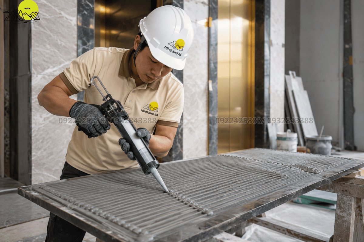Cận cảnh thợ kỹ thuật bôi keo epoxy chuyên dụng vào mặt sau tấm đá