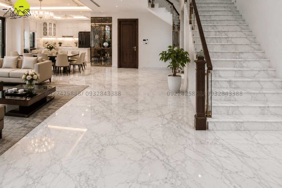 Sự phối hợp hoàn hảo giữa nền đá phòng khách và hệ thống cầu thang đá đẳng cấp