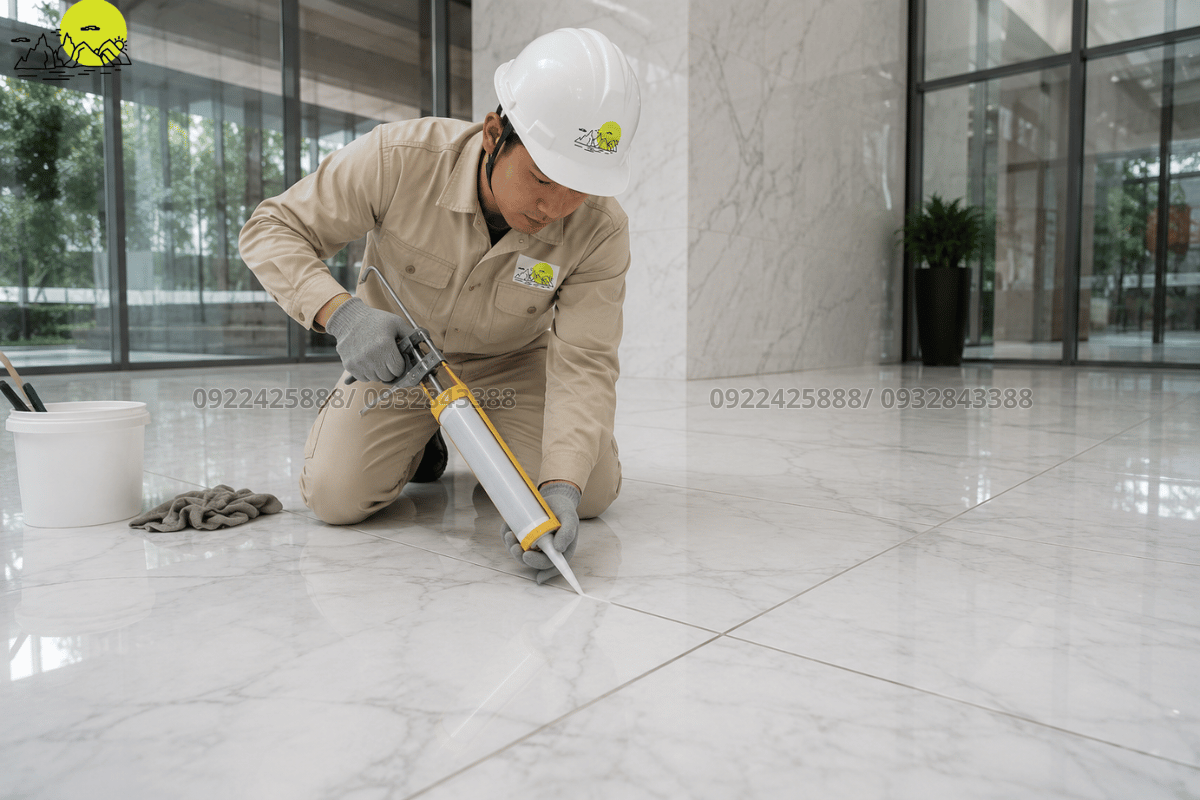 Thợ kỹ thuật tỉ mỉ tiến hành tra keo mạch ron chống thấm cho sàn đá