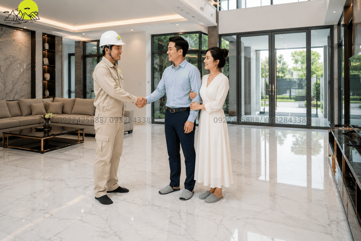 Nghiệm thu bàn giao mặt sàn đá phòng khách sáng bóng gương cho chủ đầu tư