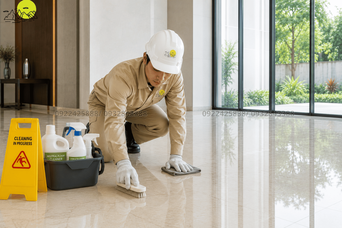 Vệ sinh lau dọn sạch sẽ bề mặt sàn đá trước khi nghiệm thu bàn giao