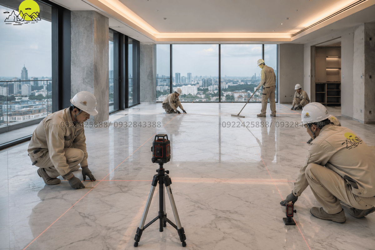 Đội thợ tiến hành căn chỉnh độ phẳng bằng tia laser cho sàn căn hộ Penthouse