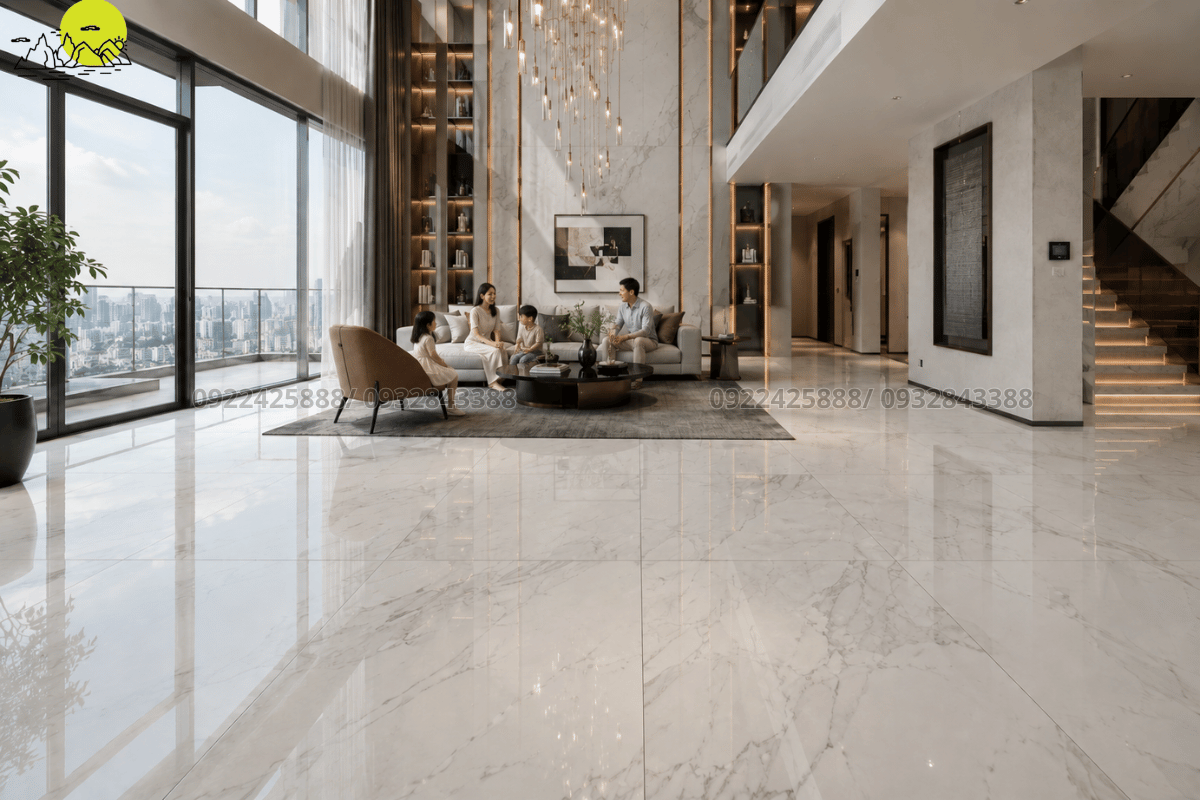 Mặt sàn phòng khách lát đá Marble khổ lớn sang trọng sau khi hoàn thiện hoàn chỉnh
