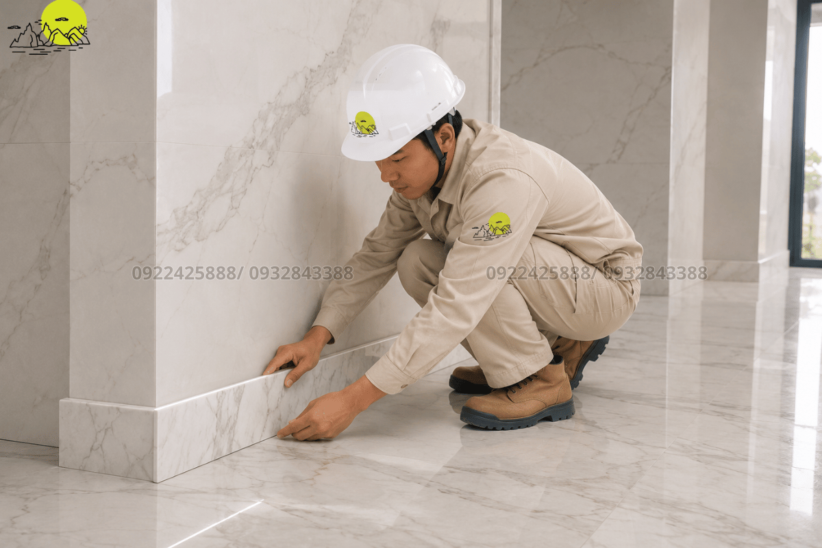 Thợ kỹ thuật tỉ mỉ lắp đặt đường len chân tường bằng đá đồng bộ mặt sàn