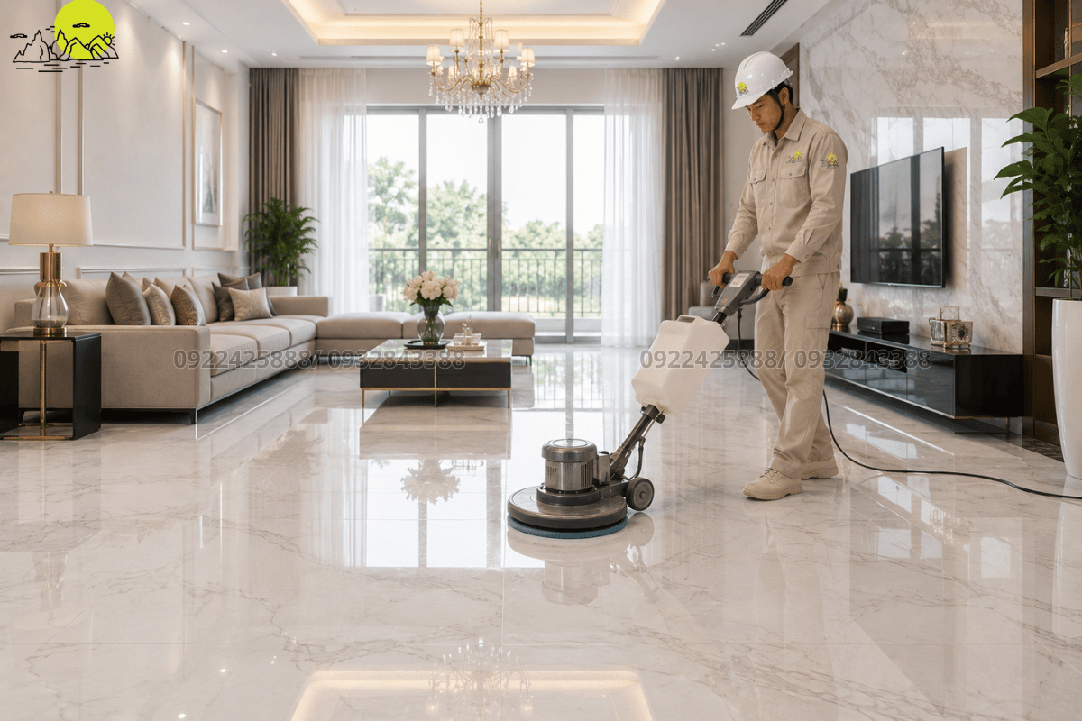 Quá trình phủ bóng công nghệ cao bảo vệ mặt sàn đá phòng khách toàn diện