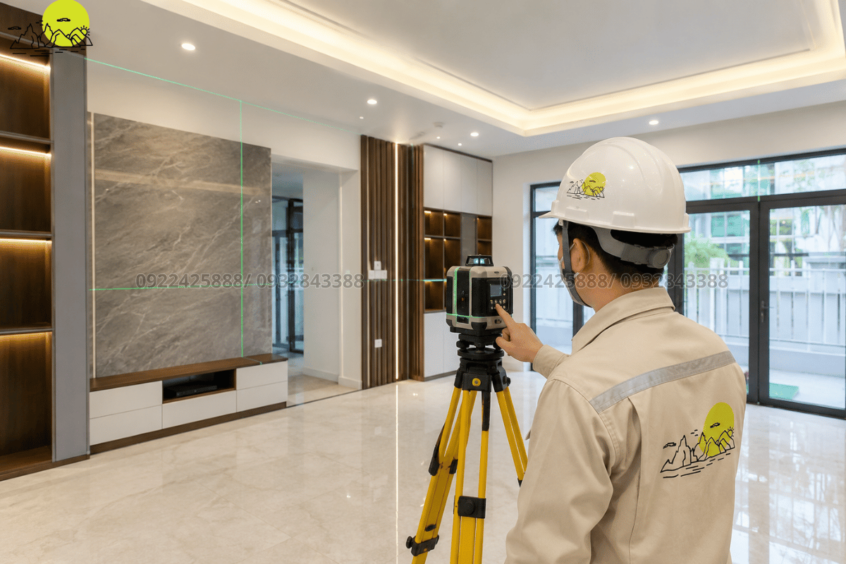 Chuyên viên kỹ thuật đo đạc cao độ nền bằng máy laser hiện đại