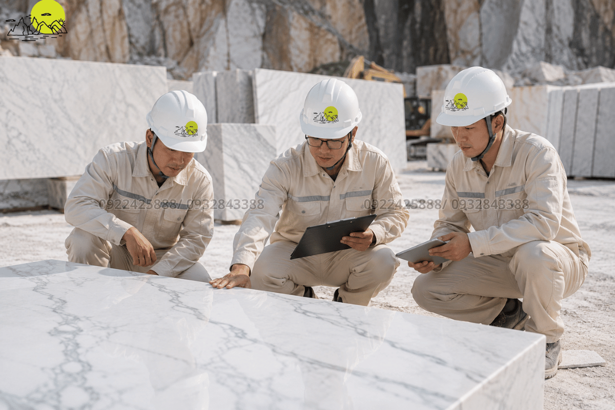 Công đoạn xếp thử nghiệm đá lên sàn để kiểm tra độ hài hòa của vân mây trước khi lát