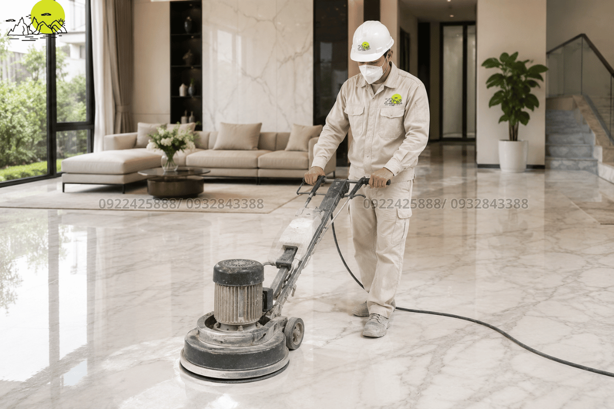 Công đoạn chạy máy mài đánh bóng tăng độ gương cho sàn đá phòng khách
