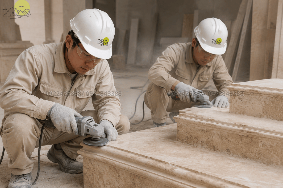 Nghệ nhân đá đang tỉ mỉ đục đẽo đường chỉ phào chỉ bo cạnh cổ bậc tam cấp Travertine