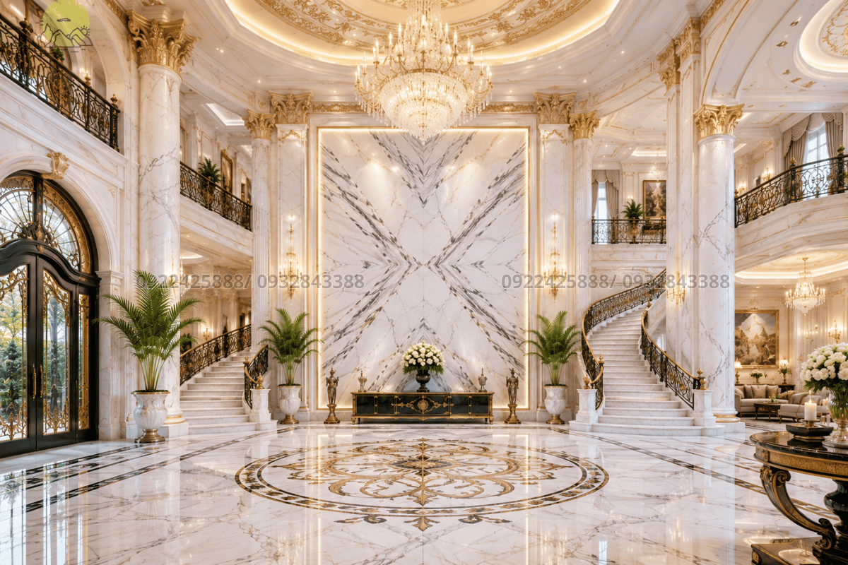 Tổng thể không gian sảnh đón hoàng gia sử dụng đá Marble trắng Volakas phối đối vân