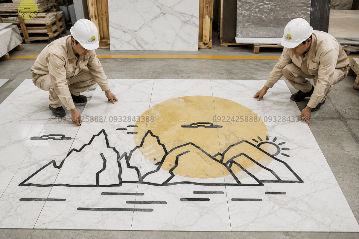 Đội ngũ thợ tiến hành ghép thử nghiệm mảng thảm đá hoa văn CNC tại xưởng trước khi ra công trường