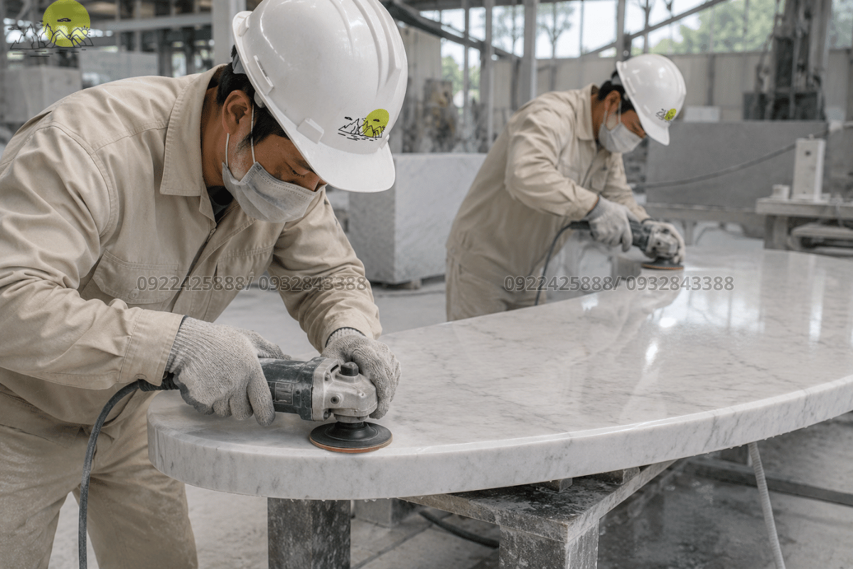 Thợ đá dùng máy mài tay tạo đường cong bo tròn cho phôi đá mặt nằm hình cánh cung