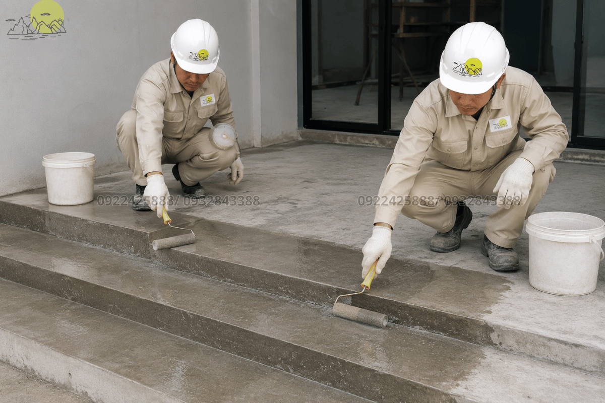 Công đoạn quét hóa chất chống thấm chuyên dụng cho cốt nền bê tông thô bậc tam cấp