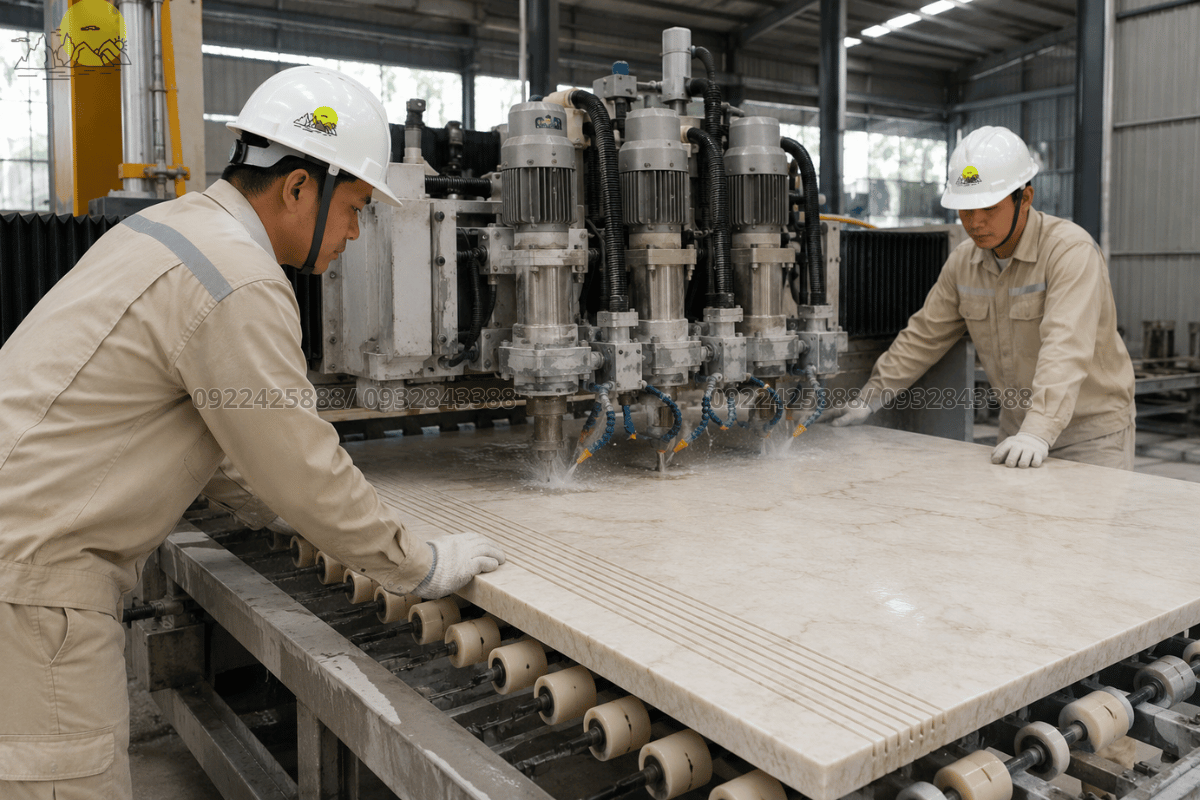 Công nghệ xẻ rãnh chống trượt tự động trên bề mặt tấm đá hoa cương làm bậc nằm