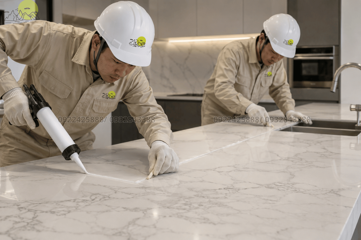 Thợ kỹ thuật tỉ mỉ miết keo ron chống thấm bảo vệ đường mạch tiếp giáp giữa các phiến đá