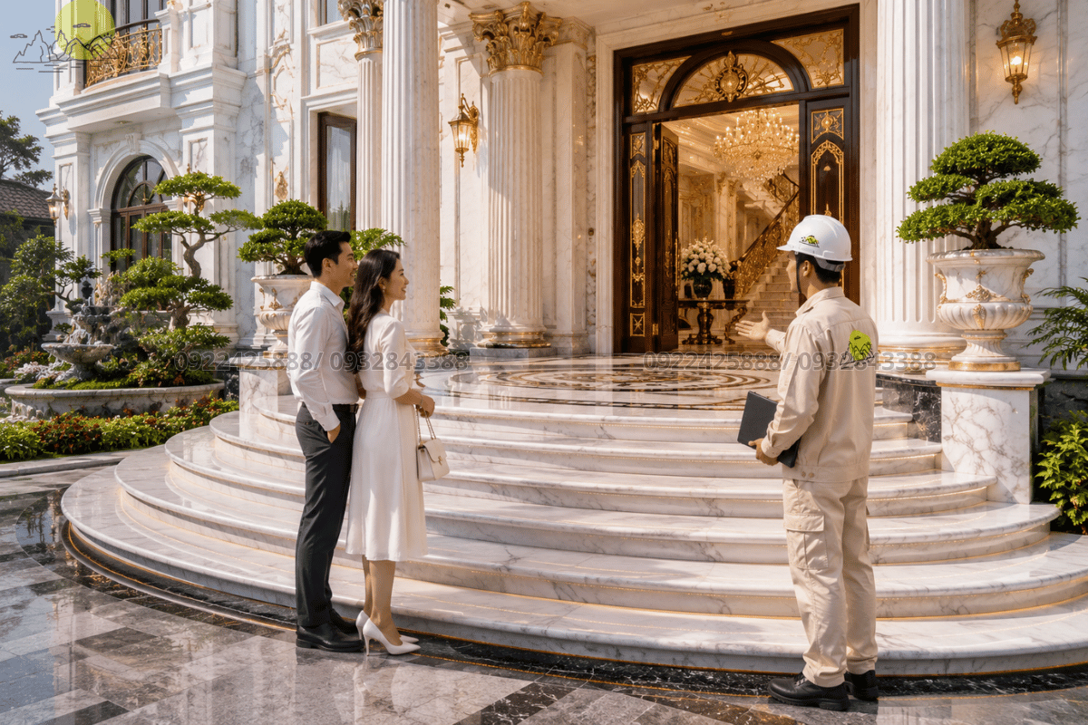 Nghiệm thu bàn giao hệ thống bậc tam cấp biệt thự cao cấp đẹp lộng lẫy đúng tiến độ cam kết