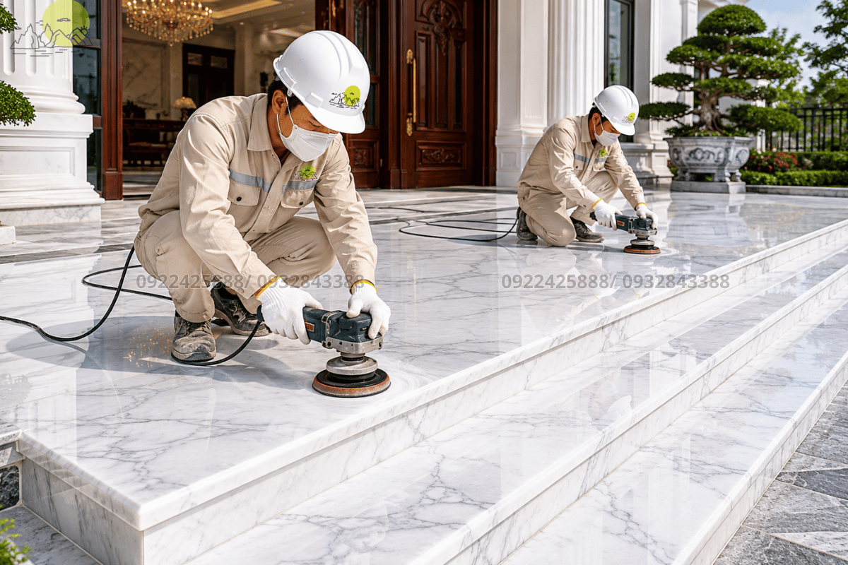 Thợ kỹ thuật dùng máy mài rung cầm tay đánh bóng toàn bộ bề mặt mảng bậc thềm sảnh