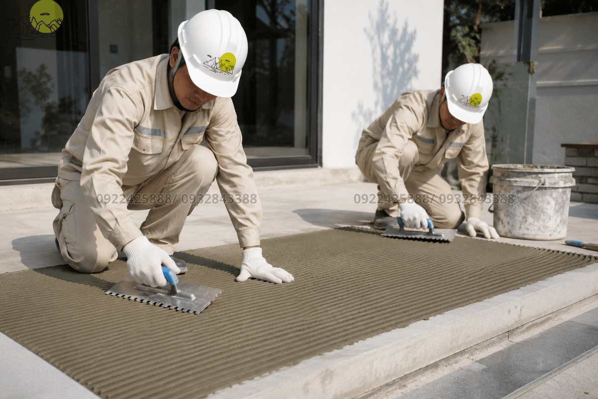 Thợ đá dùng bay răng cưa cán đều lớp keo dán đá siêu liên kết ngoài trời trên mặt thềm
