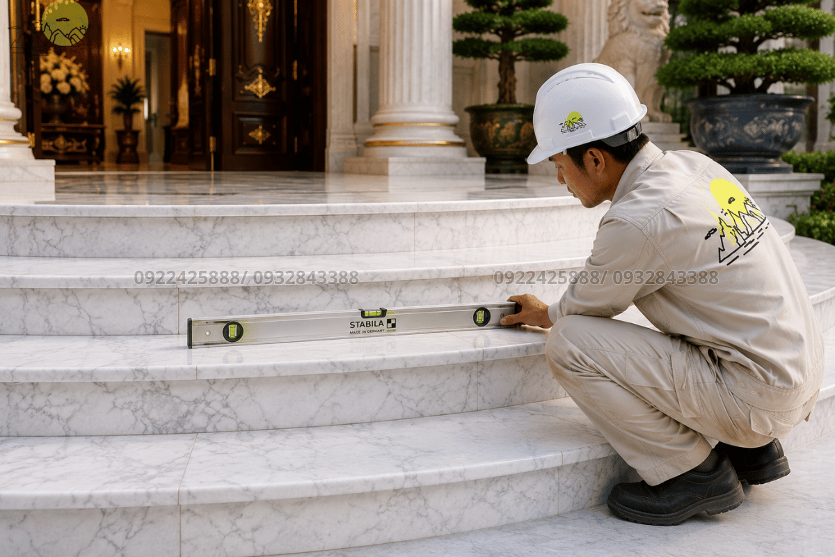 Nghiệm thu đo đạc độ chuẩn phẳng bề mặt mạch liên kết bậc tam cấp bằng thước nivo chuyên dụng