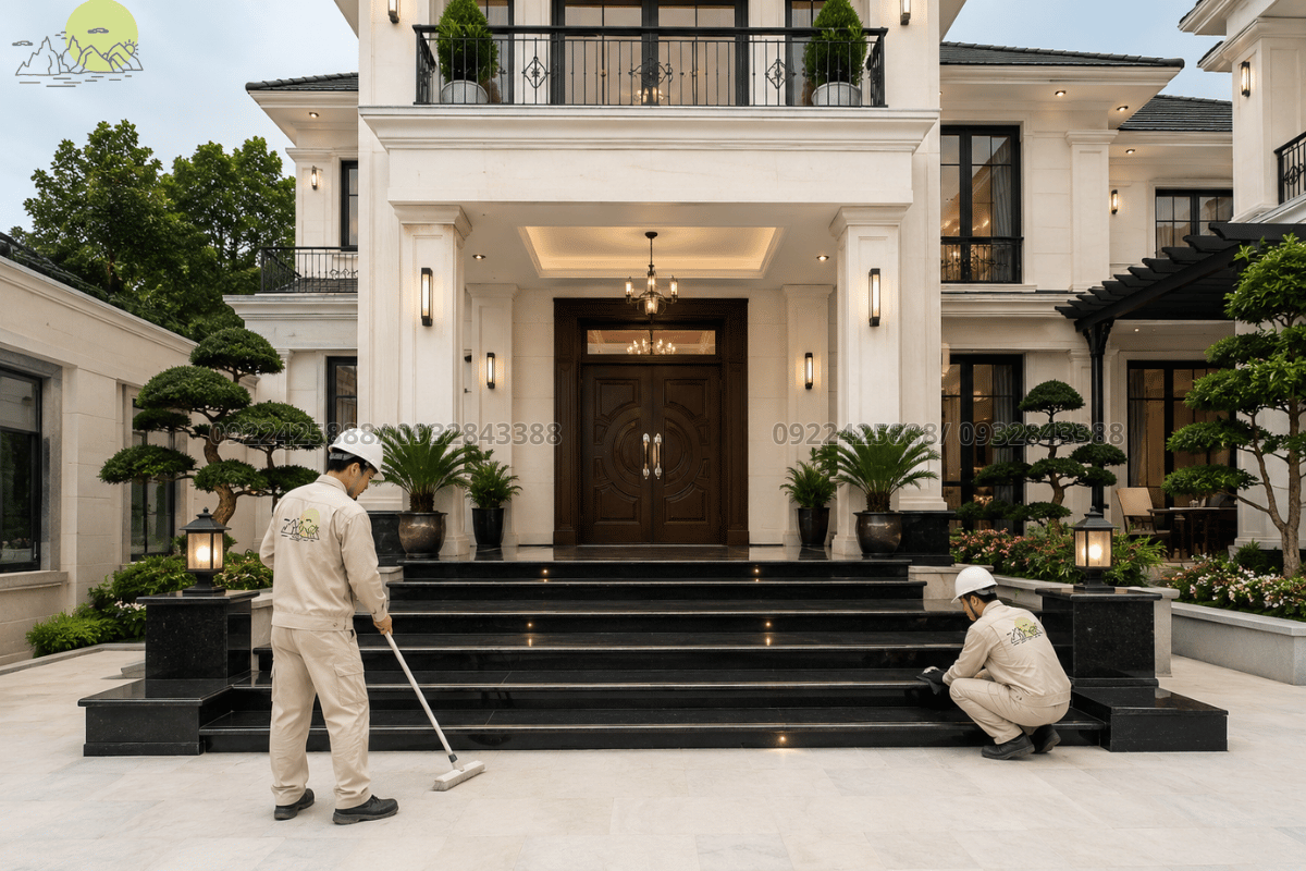 Toàn cảnh không gian biệt thự nổi bật với hệ thống bậc tam cấp đá đen Kim Sa Ấn Độ lộng lẫy