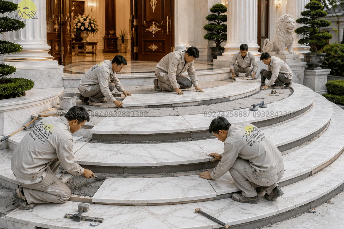 Đội ngũ thợ đá tay nghề cao đang căn chỉnh dán các phiến đá hình cánh cung bo tròn đại sảnh