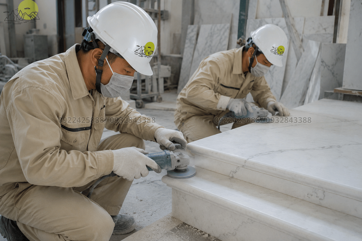 Thợ kỹ thuật tiến hành mài vát cạnh chỉ phào bo góc tấm đá bậc tam cấp hoa cương