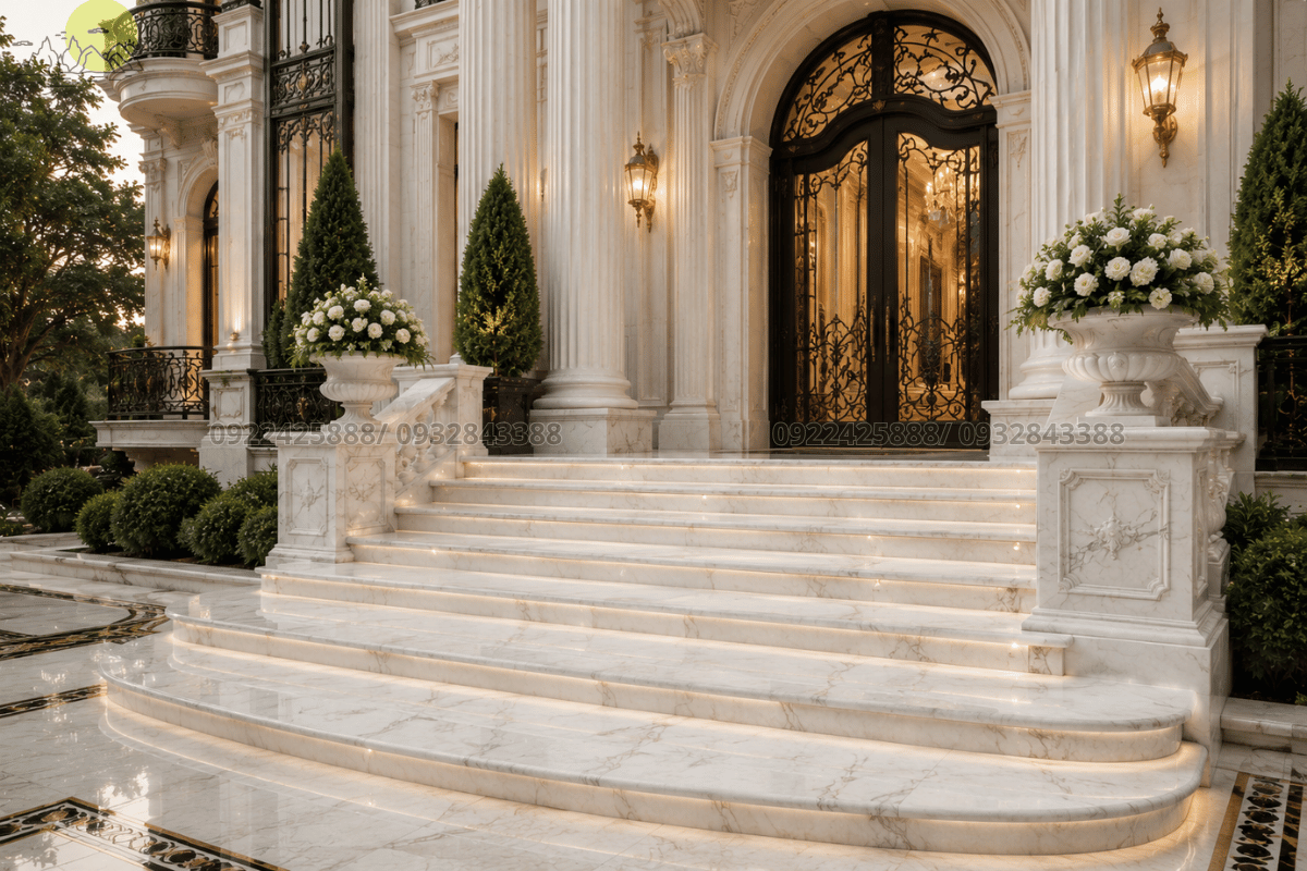 Hoàn thiện bậc thềm lối vào bằng đá Marble trắng Ý phối vân mây vô cùng tinh tế