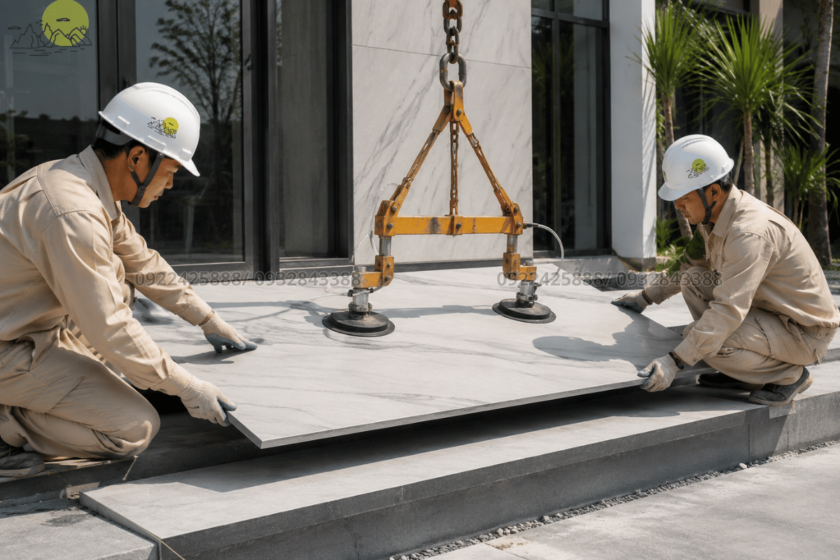 Đội ngũ thợ dùng thiết bị cẩu nâng hạ tấm đá nung kết khổ lớn ốp bậc thềm chính xác