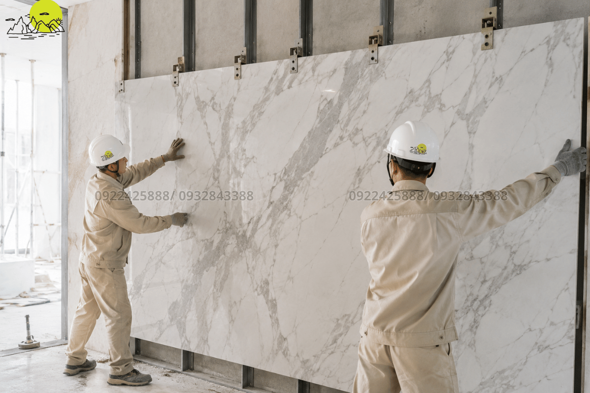 Hình ảnh thi công lắp dựng mảng vách tivi và vách trang trí bằng khối đá Granite dày dặn