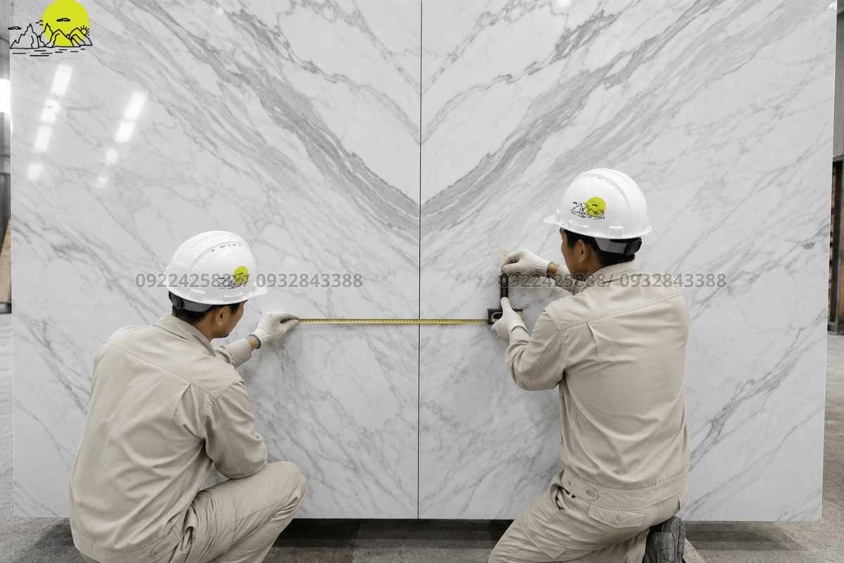 Thợ kỹ thuật dùng thước đo đạc căn chỉnh tim trục cho mảng vách đá đối vân