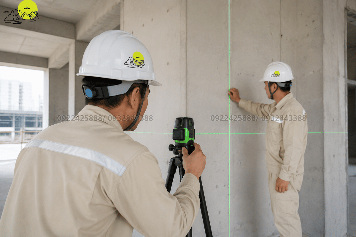 Chuyên viên kỹ thuật đo đạc định vị cao độ vách tường bằng máy cân bằng laser hiện đại