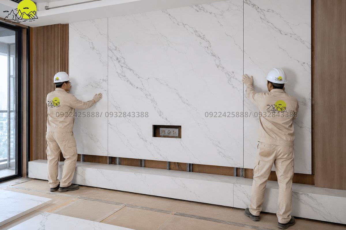 Quá trình phối thử nghiệm các tấm đá vách tivi dưới sàn xưởng để kiểm tra hệ vân mây