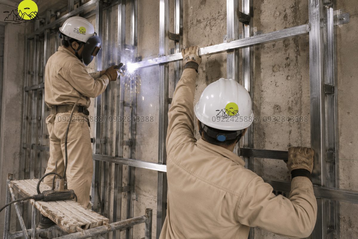Thợ cơ khí lắp ráp hàn hệ khung xương thép hộp chịu lực treo vách đá an toàn