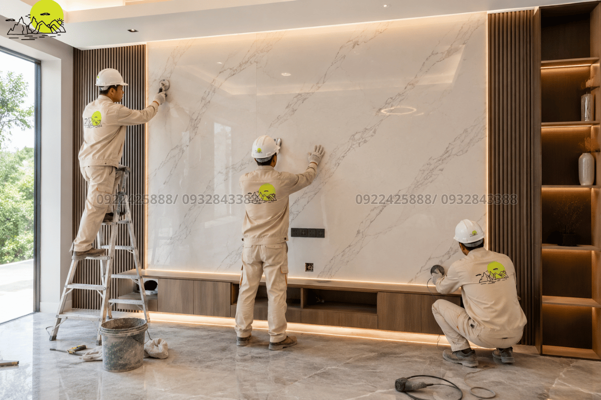 Đội ngũ thợ lành nghề tiến hành định vị thi công vách tivi và vách trang trí tại công trình