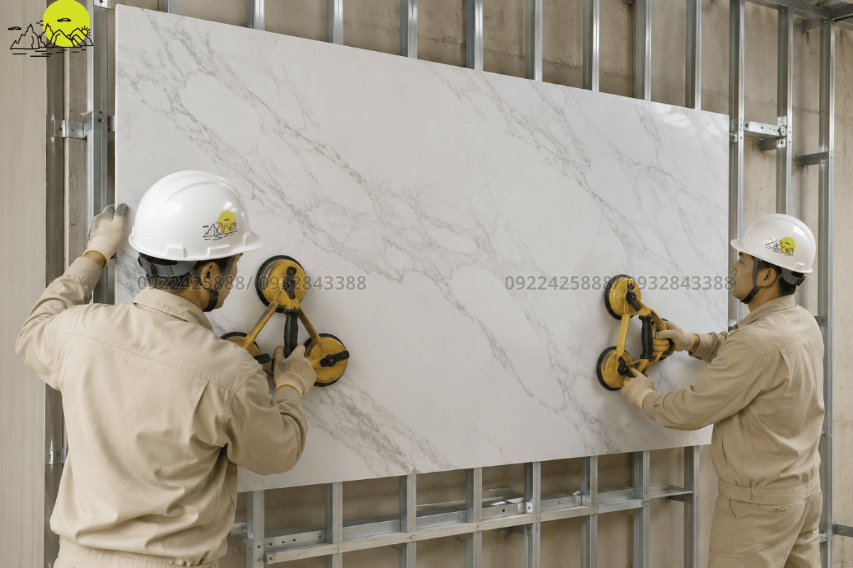 Đội ngũ thợ thi công dùng giác hút kính chuyên dụng để khiêng lắp tấm đá lớn lên vách tường